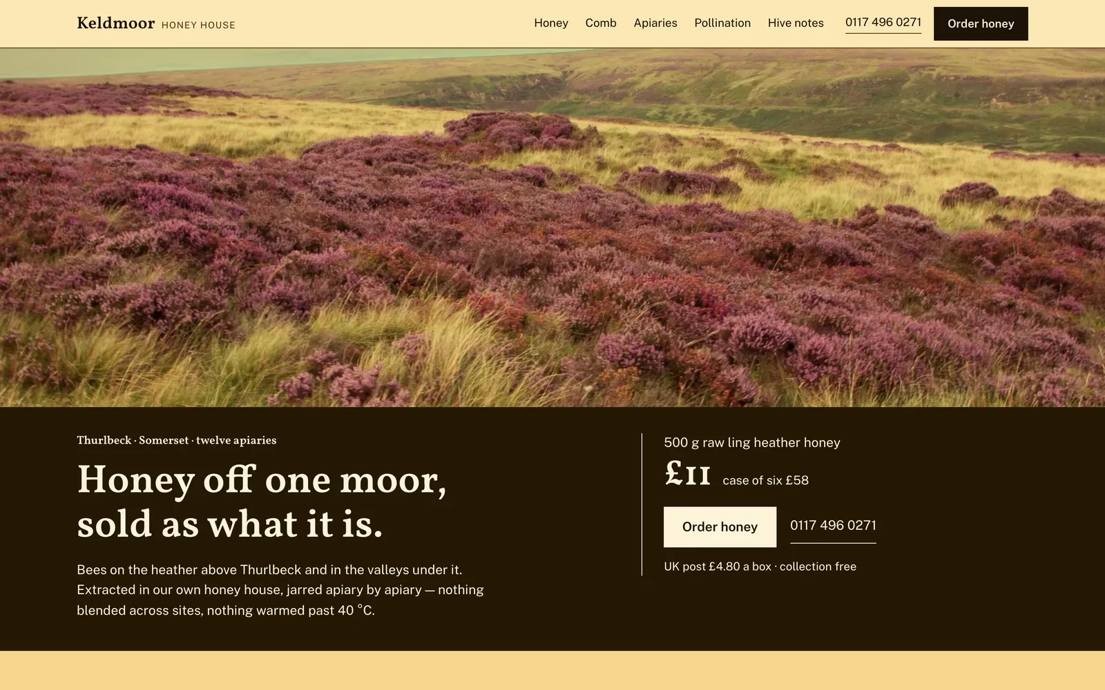 The KELDMOOR HONEY HOUSE landing page at desktop width