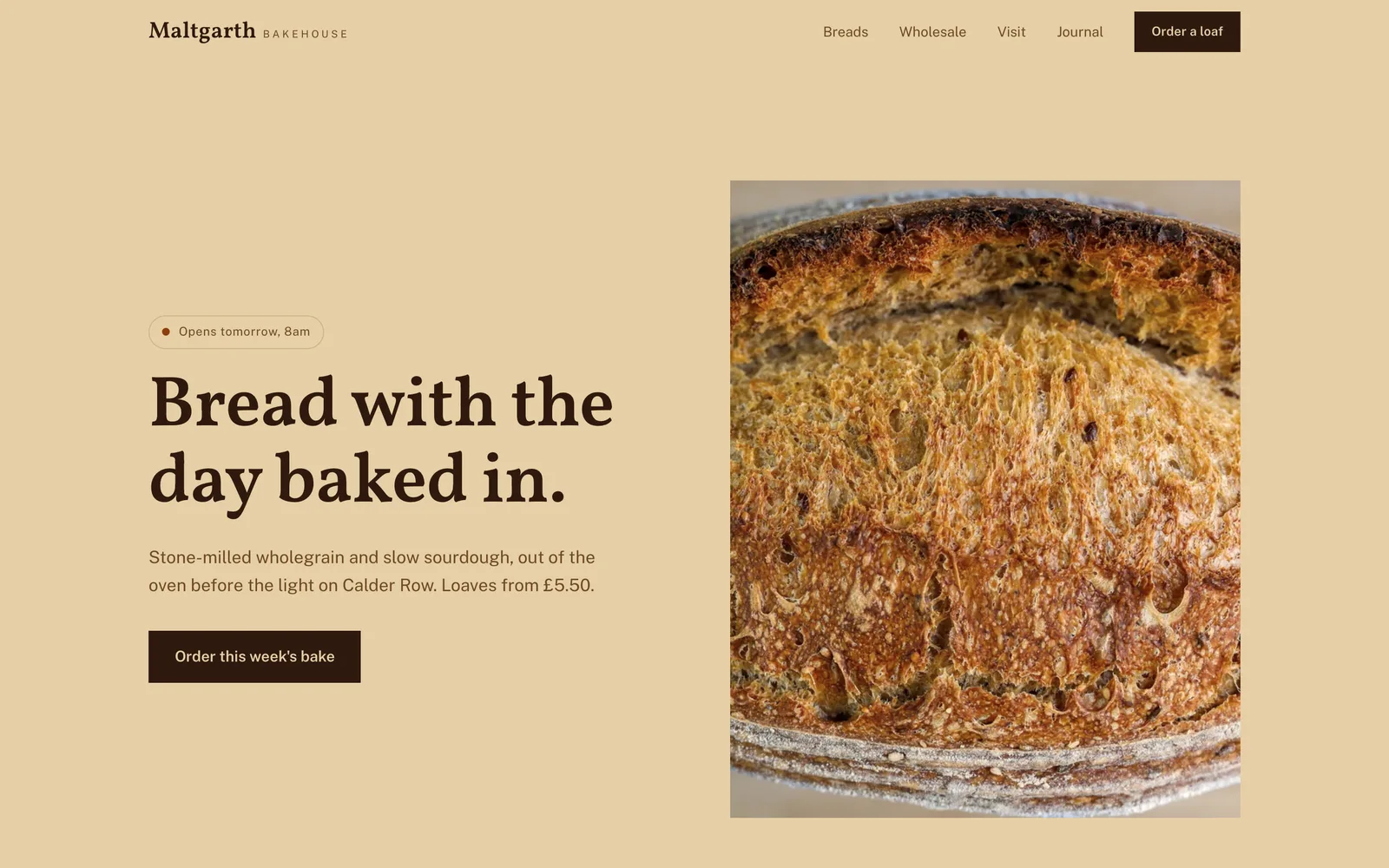 The MALTGARTH BAKEHOUSE landing page at desktop width