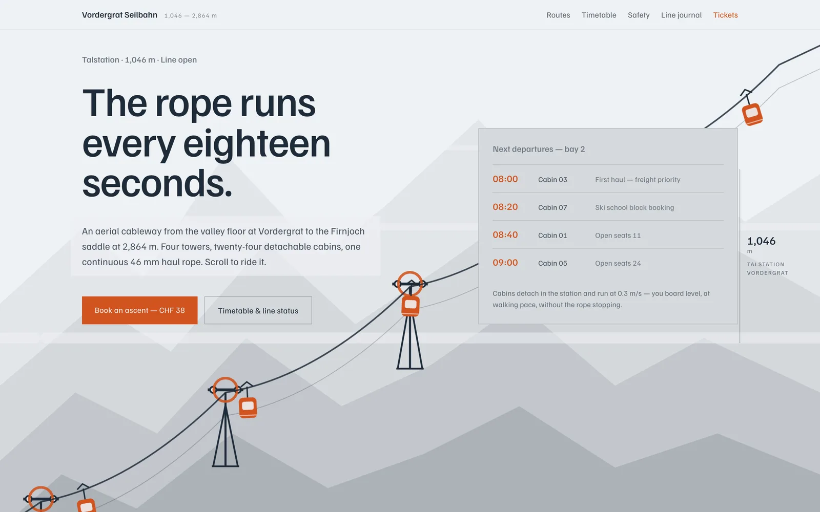 The Vordergrat Seilbahn landing page at desktop width