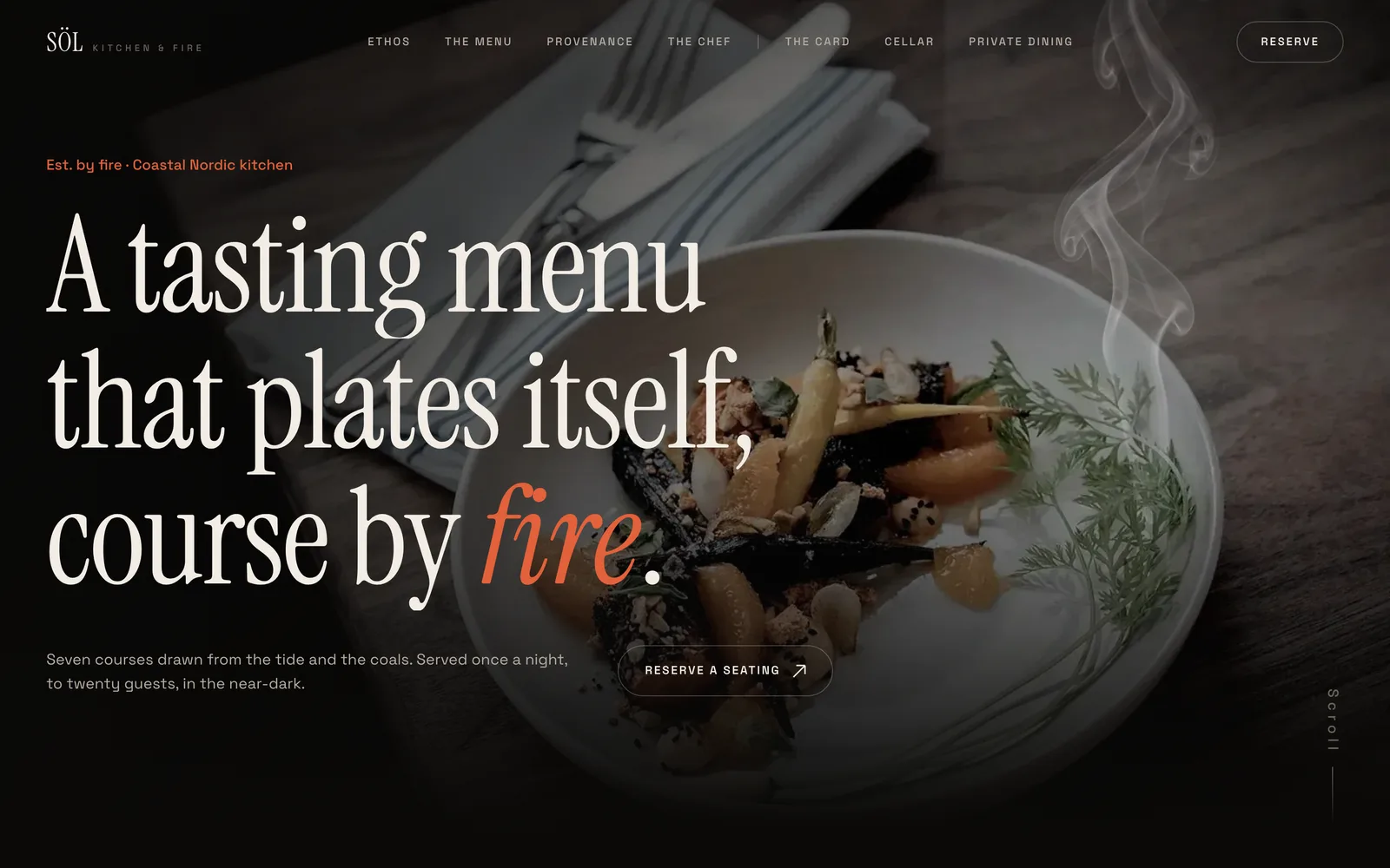 The SÖL — Kitchen & Fire landing page at desktop width