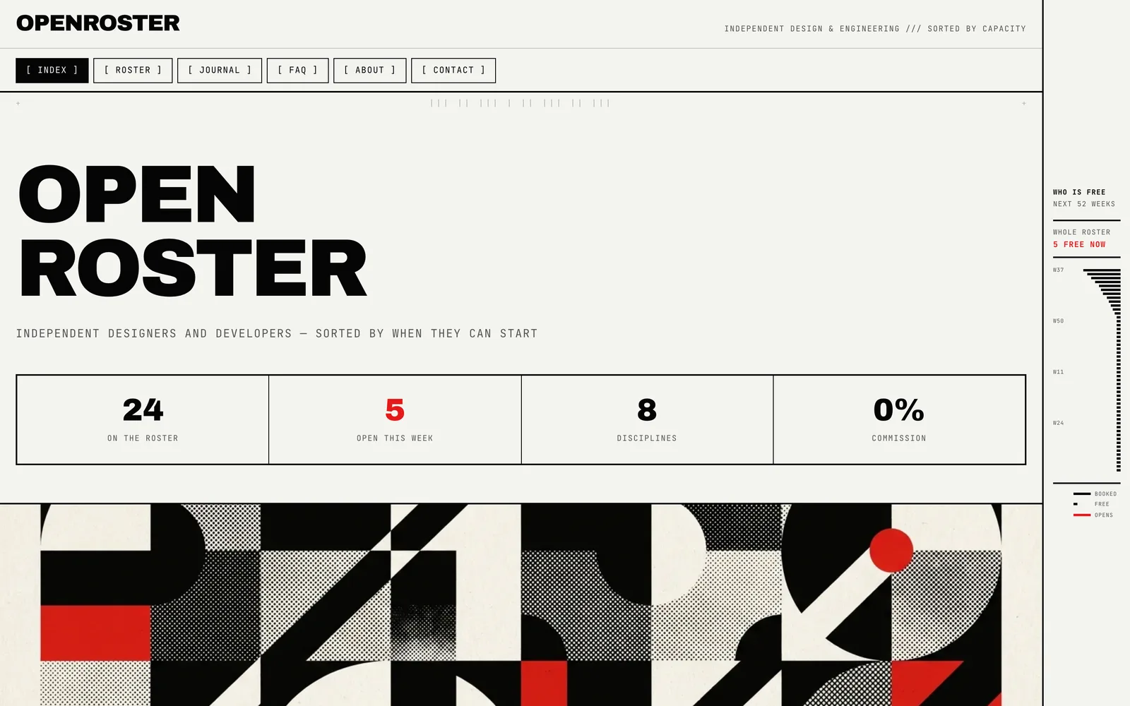 The OPEN ROSTER landing page at desktop width