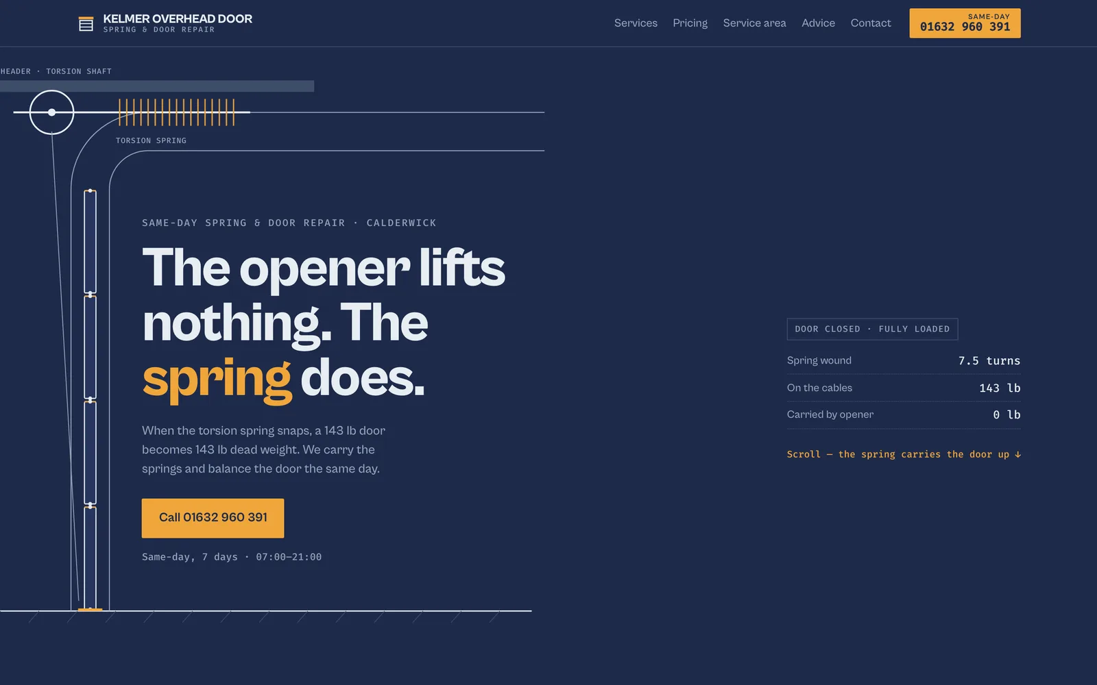 The KELMER OVERHEAD DOOR landing page at desktop width