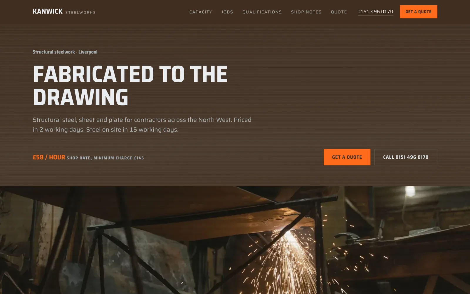 The KANWICK STEELWORKS landing page at desktop width