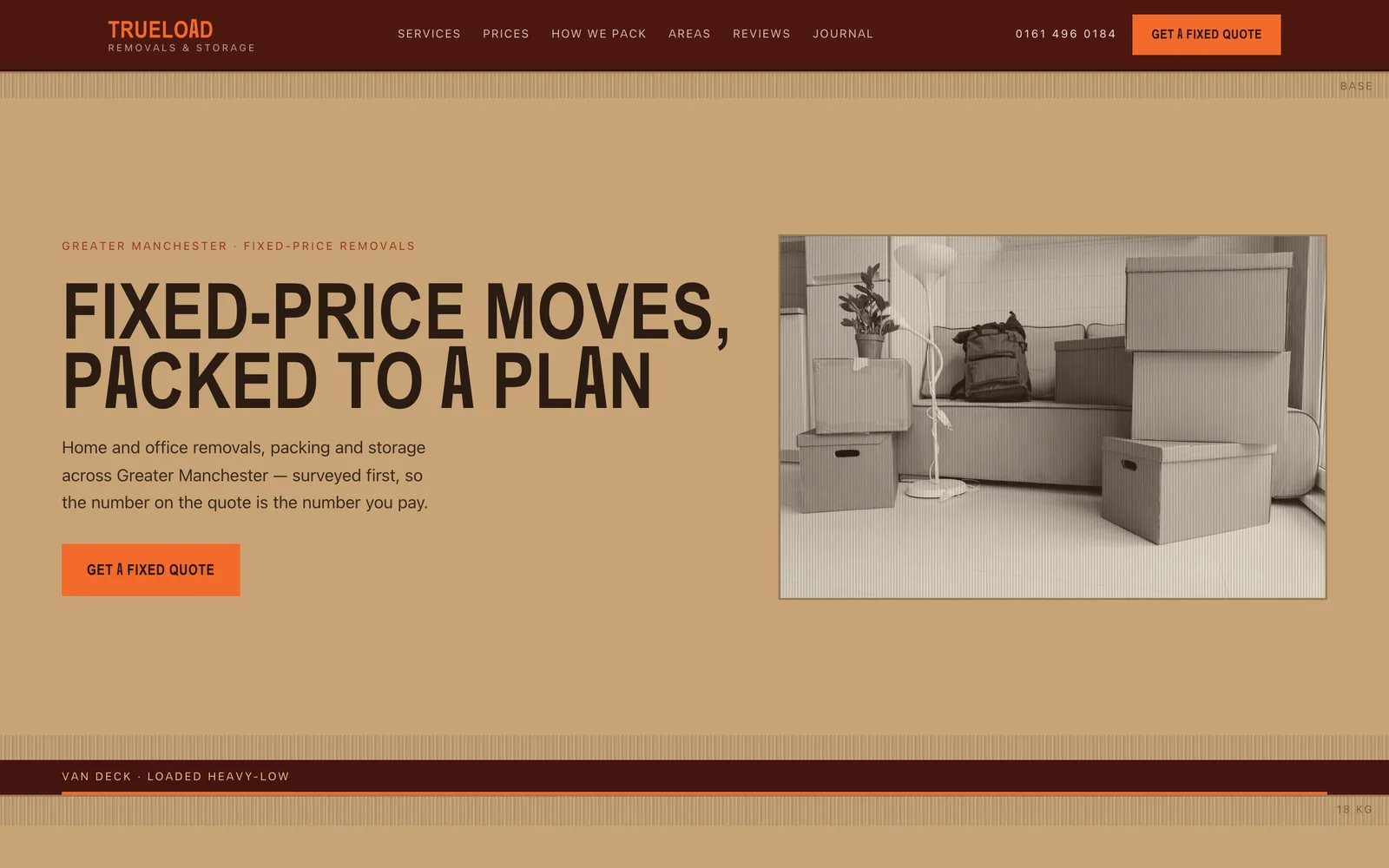 The TRUELOAD Removals & Storage landing page at desktop width