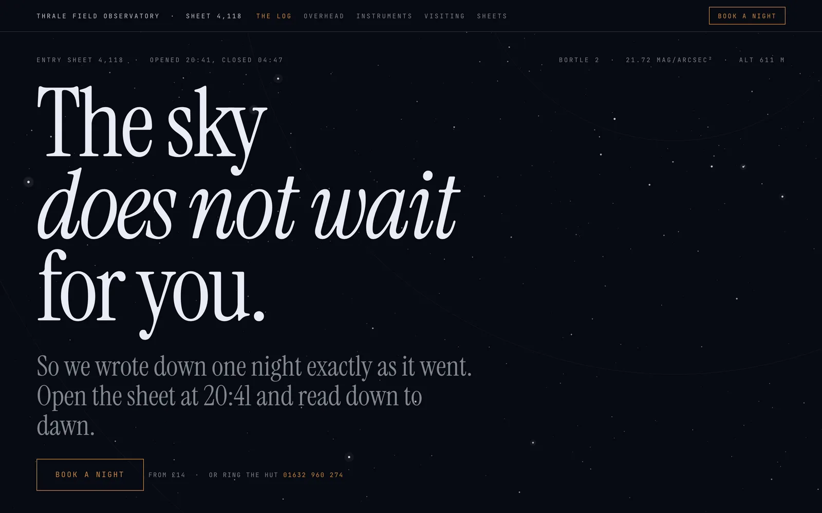 The Thrale Field Observatory landing page at desktop width